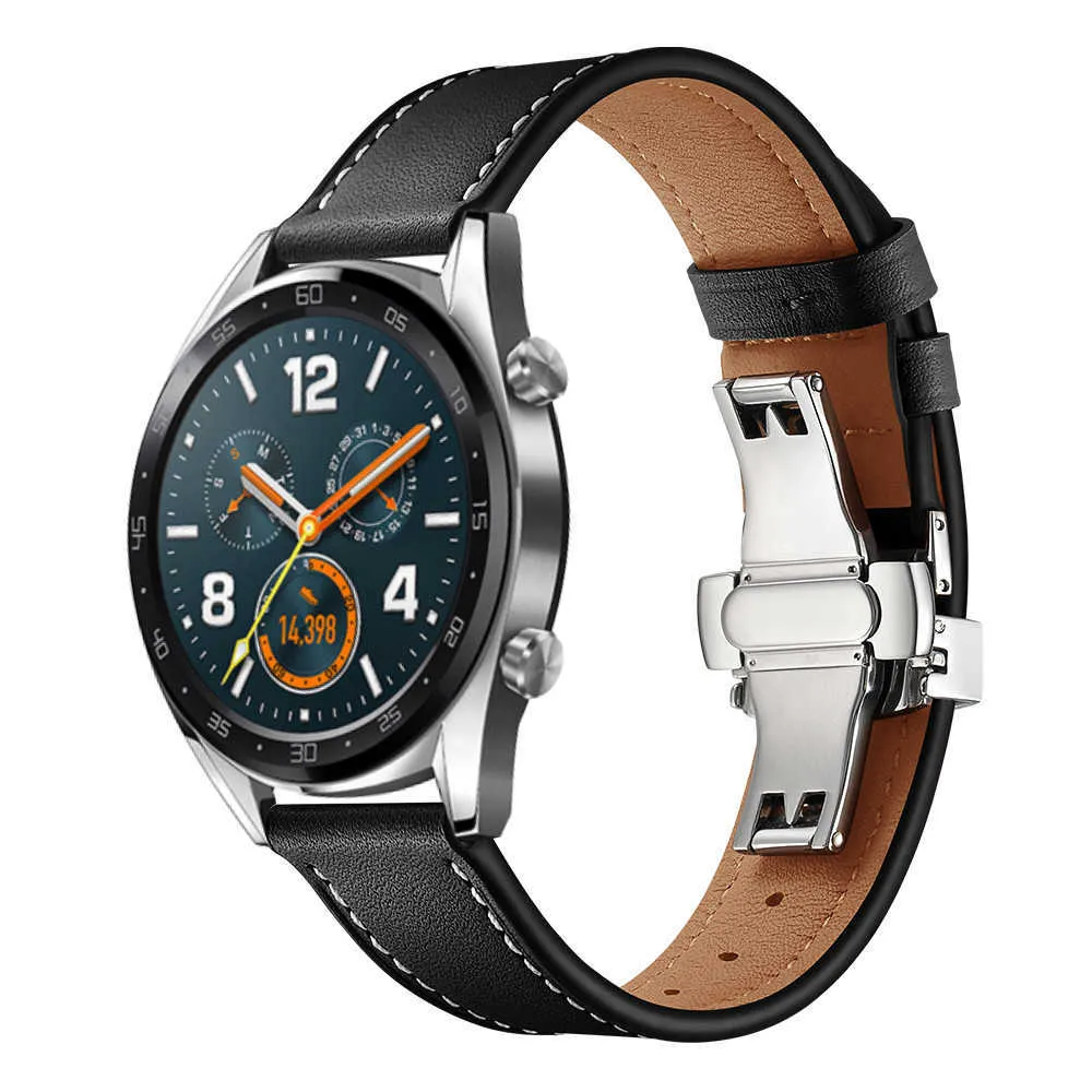 20mm 22mm Äkta läderrem för Samsung Galaxy Watch 3 Band 41mm / 45mm / 42mm / 46mm / Aktiv 2 Armband för Huawei GT 2 / Pro Belt H0915