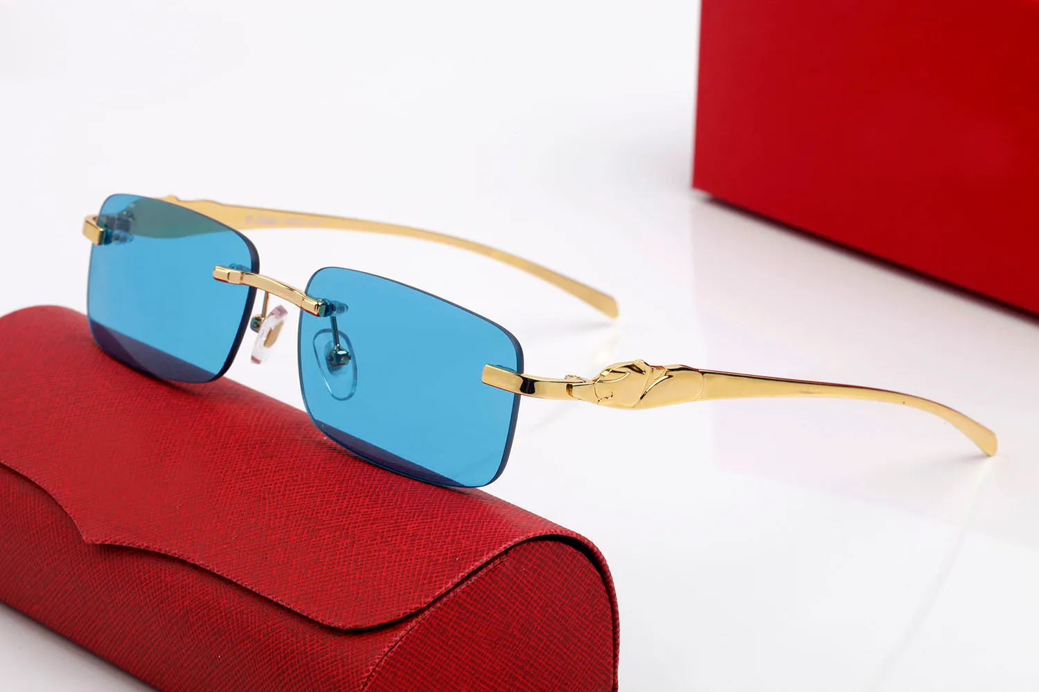Rote Mode-Sonnenbrille für Herren, Unisex, Büffelhornbrille, Herren- und Damenbrille, randlose Sonnenbrille, silberfarben, goldfarben, Metallrahmen, Brillen lunettes3003