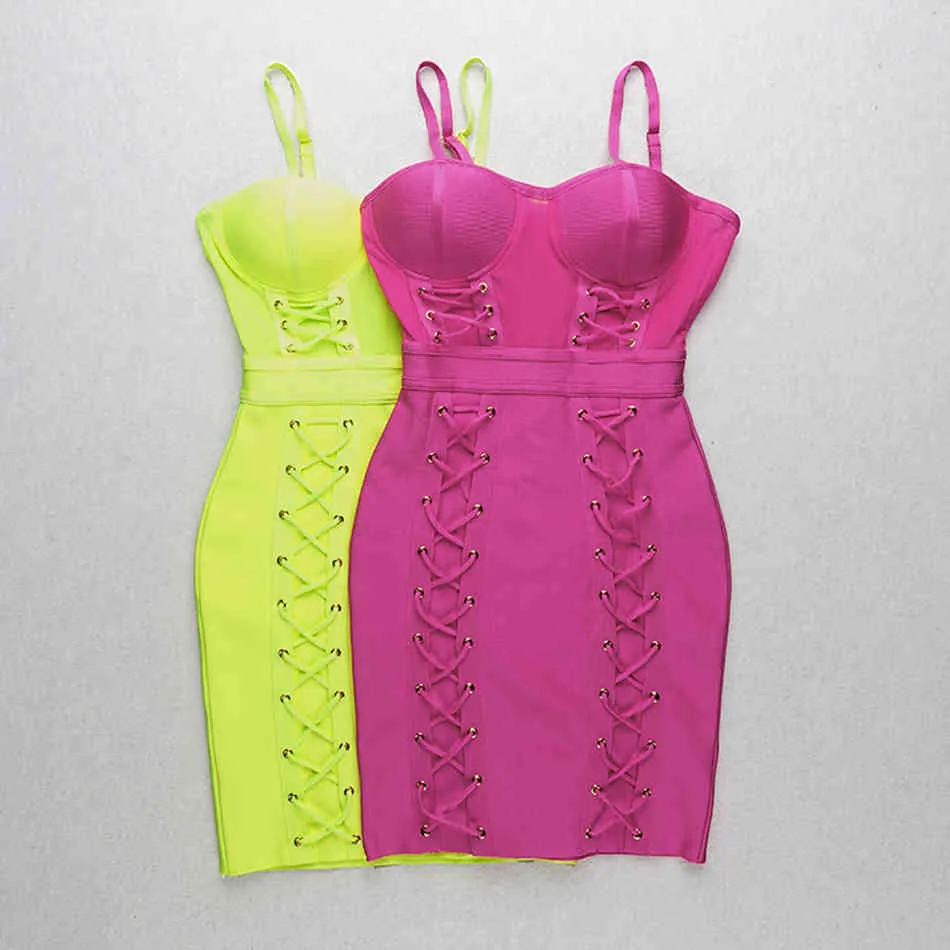 Free Damen-Sommer-Verbandskleid, fluoreszierend, grün, Spaghettiträger, ärmellos, figurbetont, sexy Party-Schnürkleider 210524