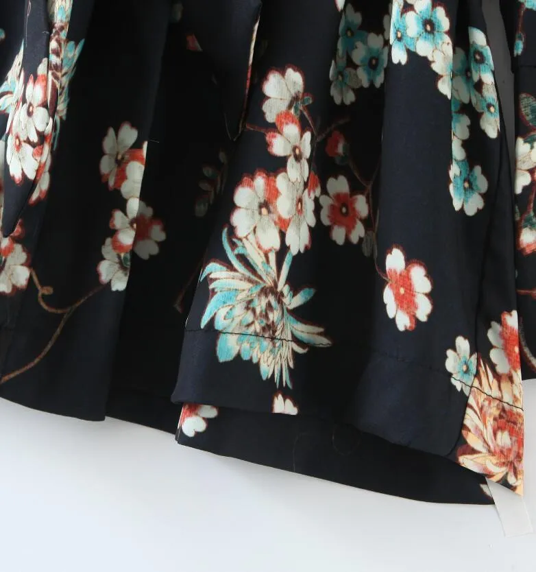 Bohemian Women Black Flower Print Kimono Shirt Holiday Beach Tide Bow Swashes Mid Long Cardigan Chiffon Blouse Boho Tops 210429