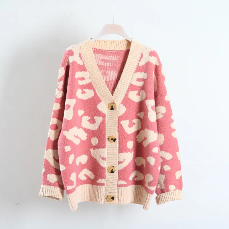 H.SA Kvinnor V Neckknapp Upp Sticka Rosa Grå Leopard Stickad Cardigans Mjuk Cashmere Sweater Jacket 210417