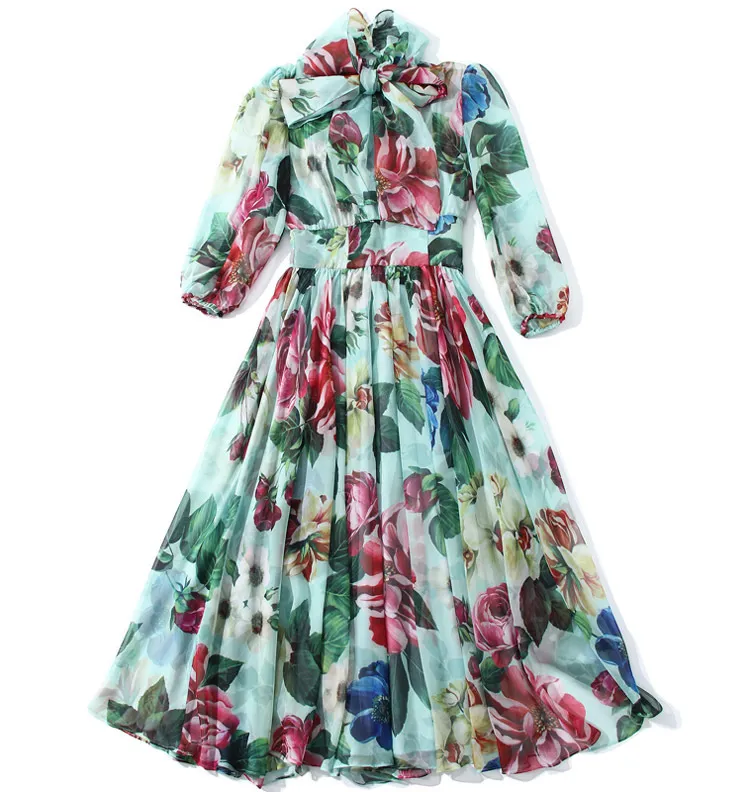 ファッションデザイナーのドレス春夏の女性のドレス弓襟ローズ花柄のエレガントな休暇シフォンドレス210524