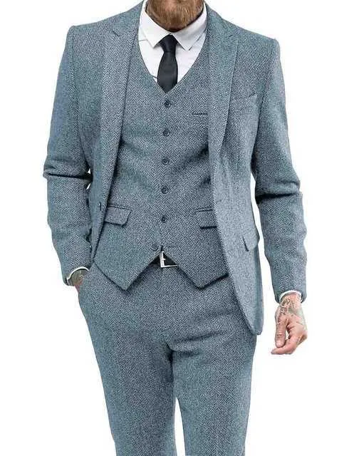 Men's Suits Grey White Herringbon Lapel Fit Casual Formal Business Groomsmen Tuxedos for Wedding Blazer+Pants+Vest X0909