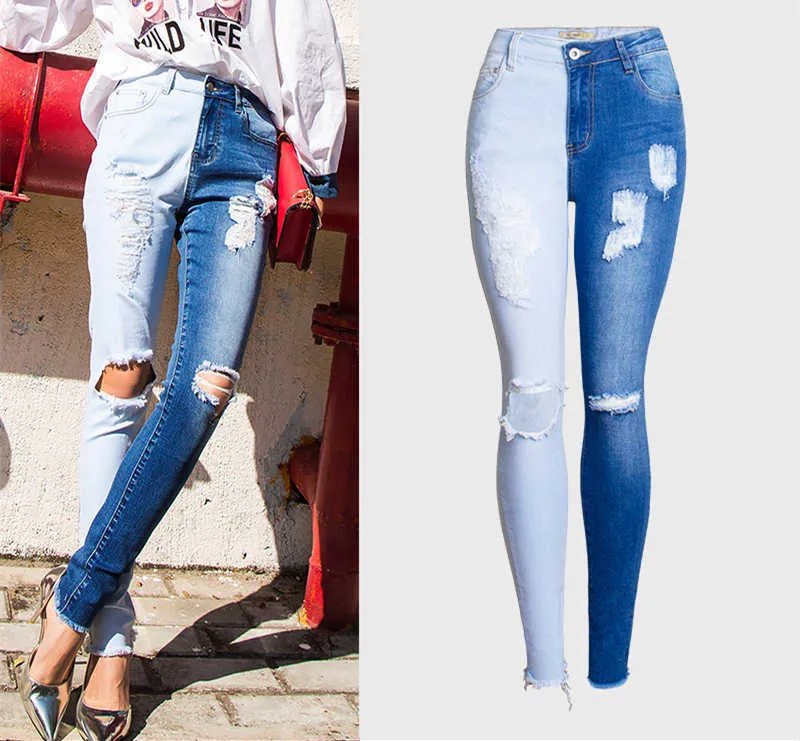 Logami Skinny Ripped Jeans Woman Contrast Color Slim Dla Kobiet Dżinsowe Spodnie 210922