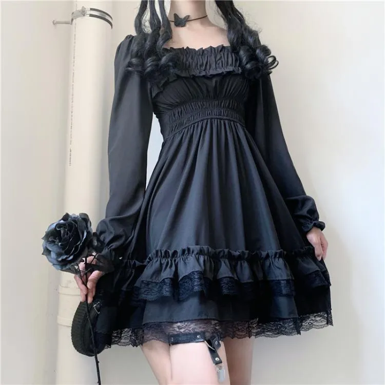 Puff manga vestidos de festa moda mulheres pretas mini com laço barra pescoço alta cintura gótica robe femme 12991 210427