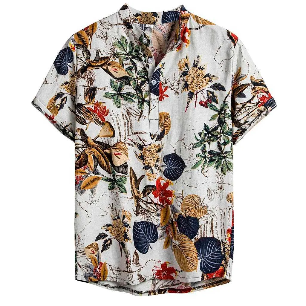 Kancoold sommar man skjorta mens etniska tryckta stativ krage bomull linne kortärmad loose hawaiian henley shirt hawaiian shirt x0621