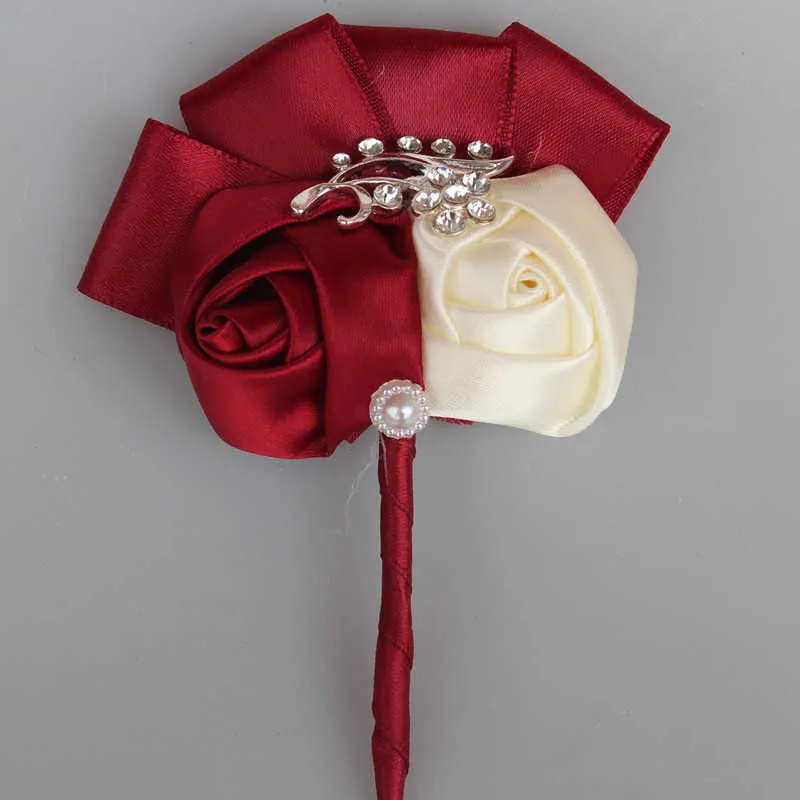 Лучший мужчина Groom Boutonniere Iloor Wine Красная атласная роза Цветок Корсаж Свадьба Prom Prom Man Suit Brouch Цветы De Novia XH1317-5 Y0630