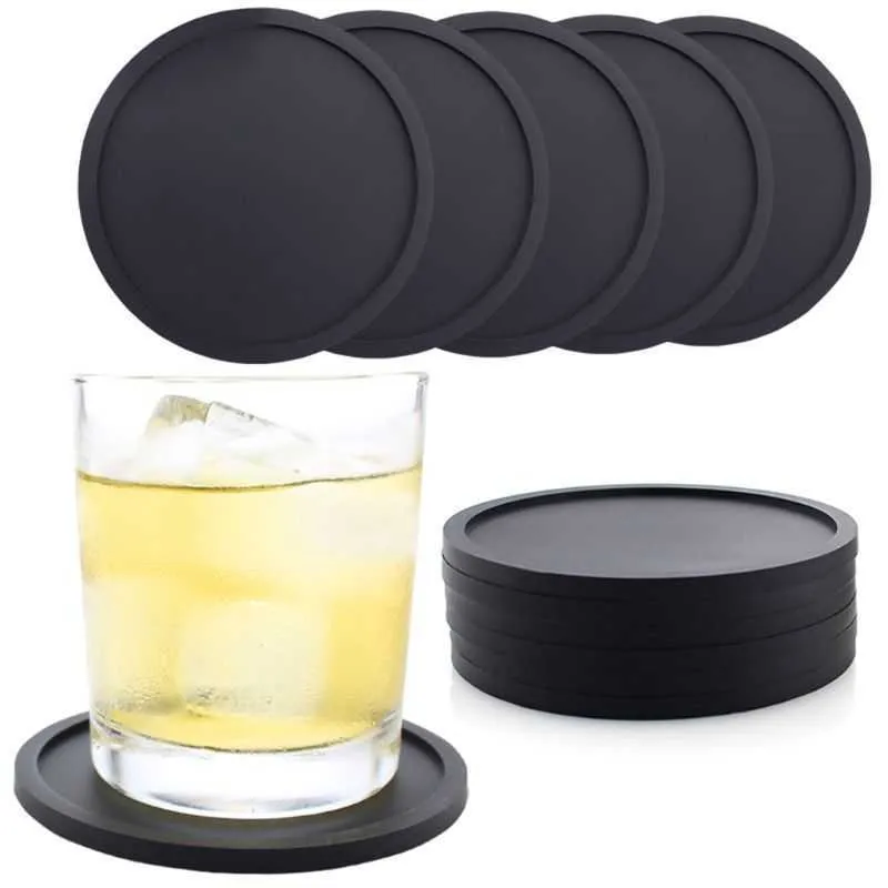 rond noir épaissir des sous-verres en verre tampon en silicone durable pour les tasses de boissons dropship 210706