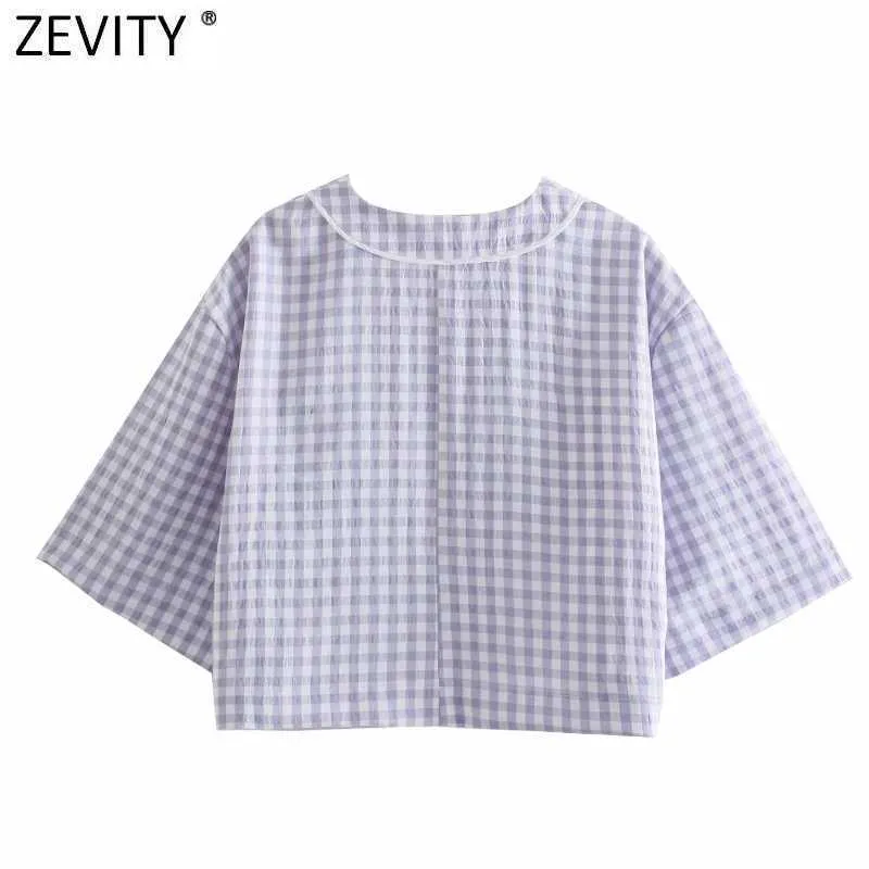 Zevity Frauen Vintage V-Ausschnitt Plaid Print Casual Short Smock Bluse Weibliche Knöpfe Lose Hemd Chic Kimono Chemise Tops LS9259 210603