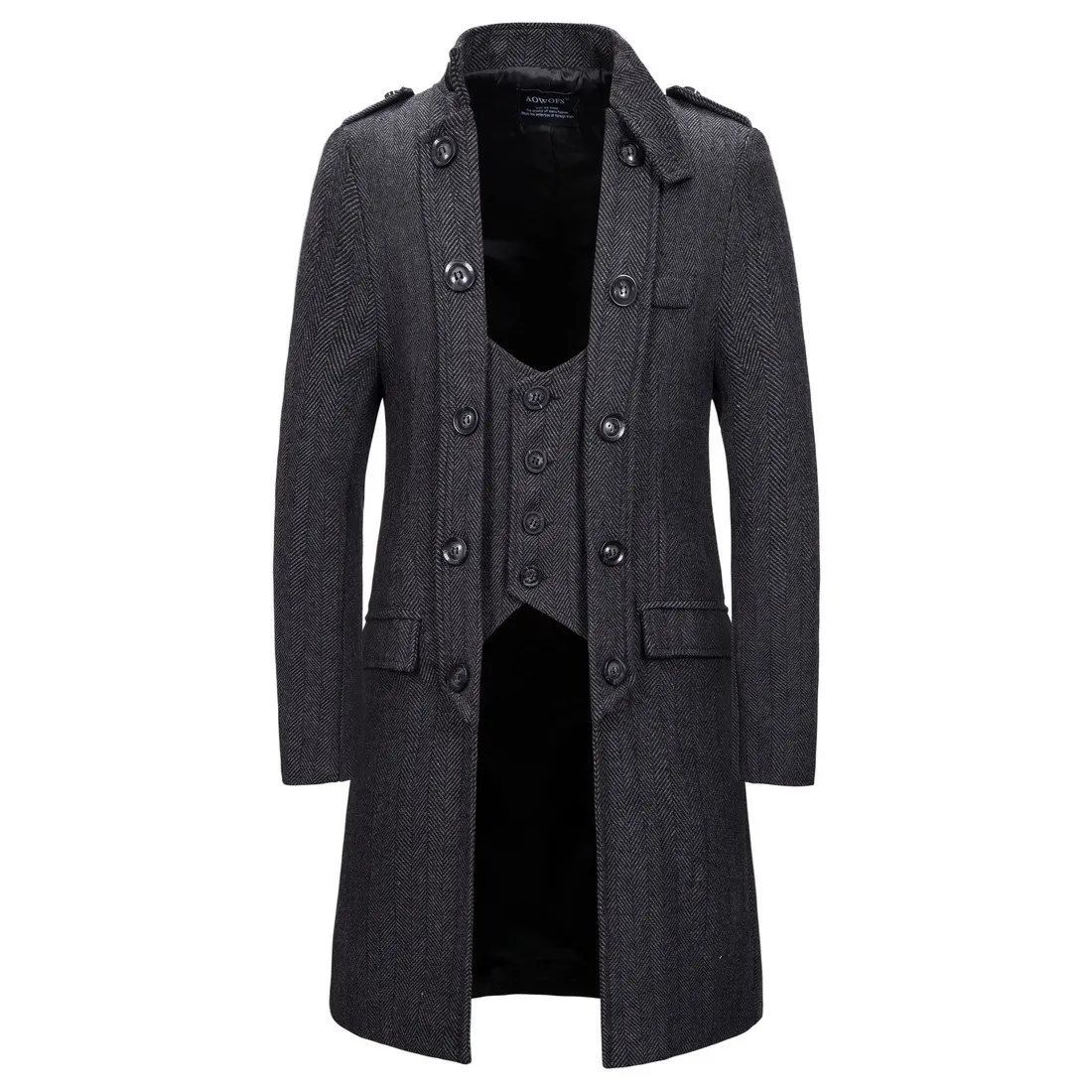 Herringbone Trench Coat Men Fake Två Pieces Long Jacket Mens Casual Slim Warm Vintage Retro Overcoat Oversized Windbreaker Coats 210524