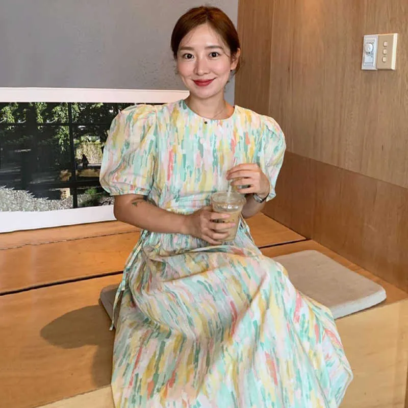 Korejpaa Women Dress Summer Korean Chic Western Style Watercolor Print Pleated Side Lace Back Button Puff Sleeve Vestidos 210526