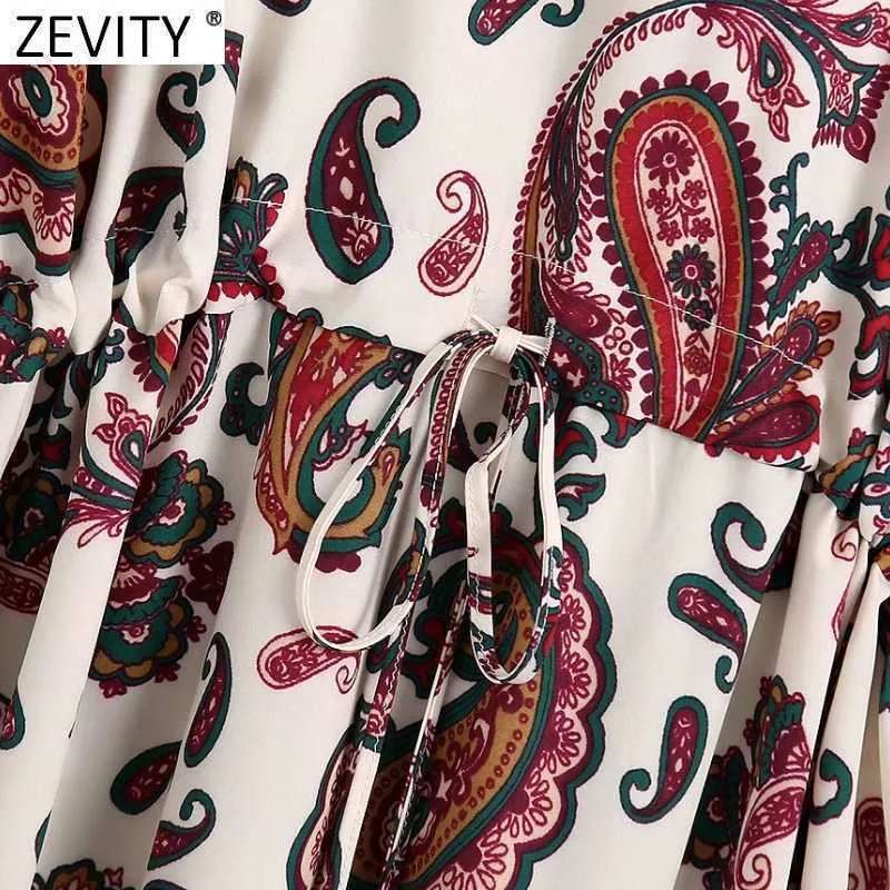 Zevity Women Vintage V Neck Paisley Print Lace Up Waist Shirt Dress Female Chic Retro Totem Floral Casual Court Vestidos DS8341 210603