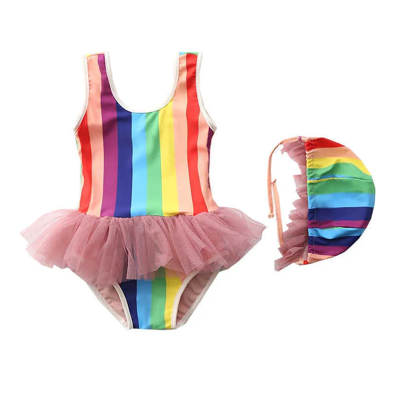 Maluch Swimwear Girls One Piece + Cap Rainbow Paski Europejski I Amerykański Kąpiel Swimsuit Paski Lato Moda Odzież Tutu 210529