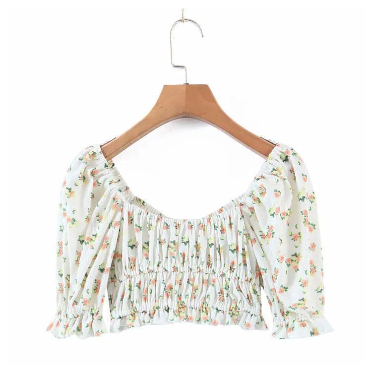 Púrpura Cuadrado Cuello Flare Manga Blusa Mujeres Crop Tops Cintura alta Estampado floral Pantalones cortos Dulces Conjuntos de verano Chicas lindas 210610