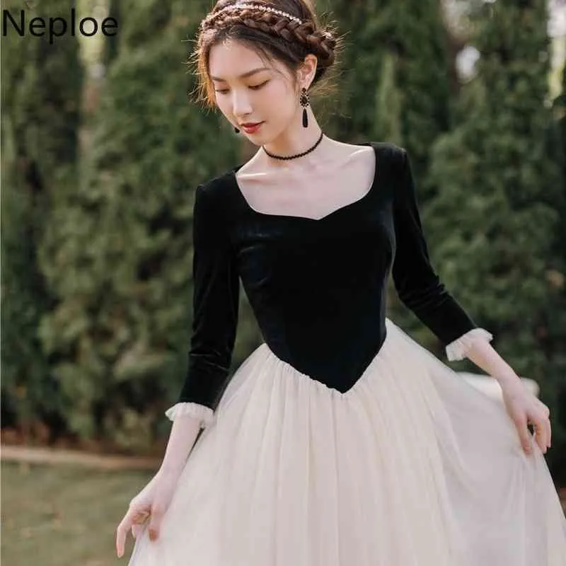 Neploe Vintage Maxi Dress DEMMINILE Velvet Patchwork Gauze Chic Vestidos Trova Spring Contrast Colore Slim Elegant Wames Women 210422