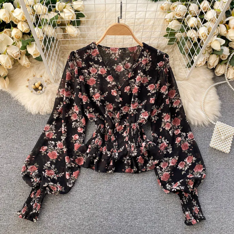 Elegant retro sweet gentle floral blouse women shirt cross V-neck tops puff sleeve elastic waist 210420