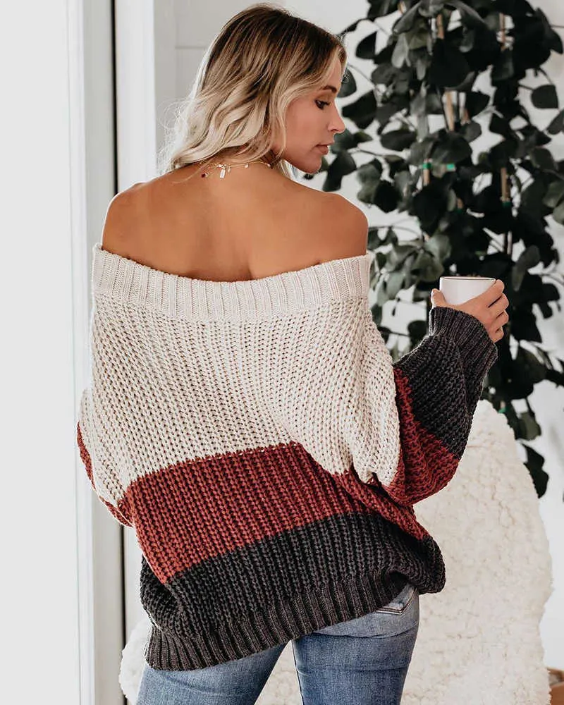 Fitshinling Off Shoulder Women's Oversize Sweater Patchwork Bohemian Pullover Stickad Jumper Holiday Slim Sweater Kläder 211011