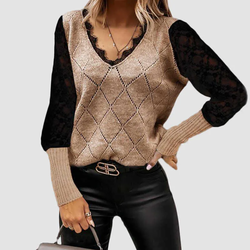 Casual V-Neck Patchwork Lace Tröjor Jumpers Women Hollow Out Lady Striked Sweater Höst Vinter Långärmad Toppar Pullover 210914