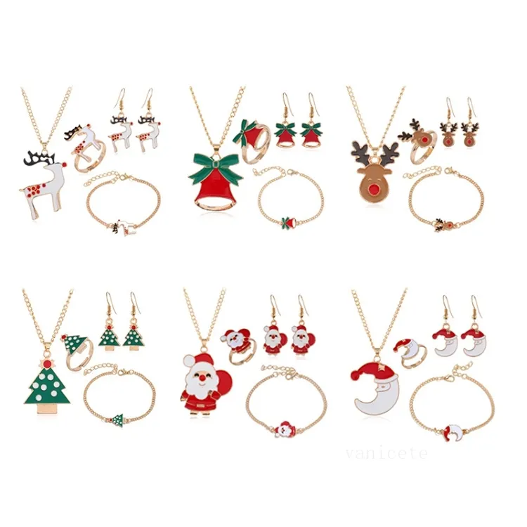 Série de cadeaux de Noël Père Noël Elk Bell Décorations Boucles d'oreilles Bague Collier Bracelet Ensemble de quatre pièces Ornements T2I52925