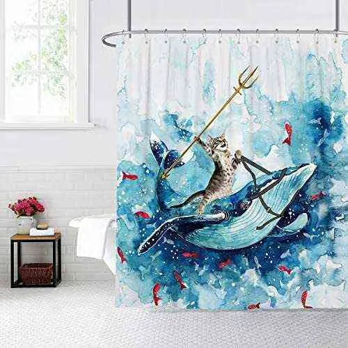 Śmieszne koty jazdy wielorybem Wodoodporne zasłony prysznicowe w fali oceanicznej Kreatywność Dziecko Wystrój łazienki