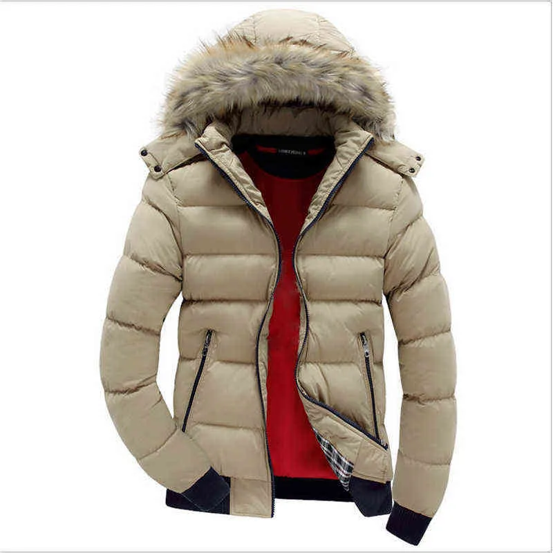 Men Down Jacket Winter Male Casual Hooded Outwears Coat Warm Fur Parka Overcoat Men's Solid Thick Fleece Zipper Jackets 211110