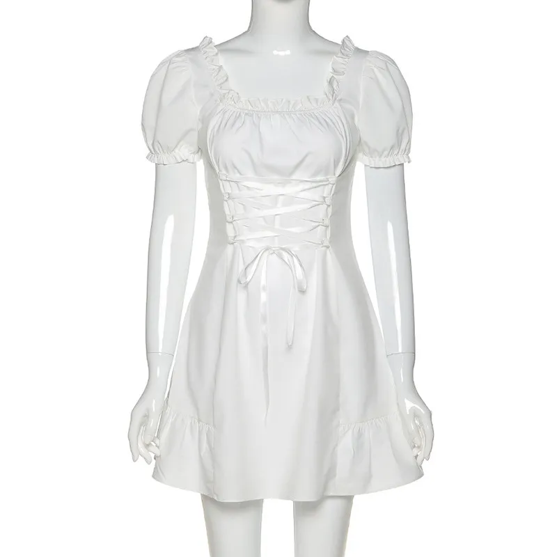 Женщины мода элегантный лук белый женский мини-платья летняя вечеринка фестиваль дня рождения милый сексуальный французский романтический шелковый платье женщины 210422