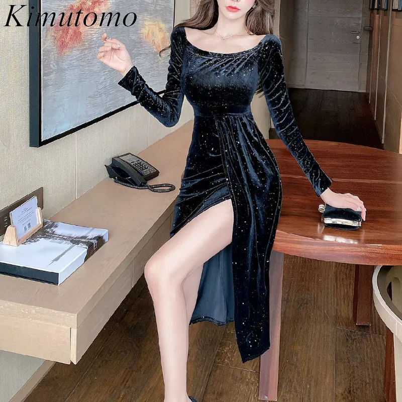 Kimutomo Elegant Black Dress Women Sexy Off Shoulder Slash Neck Split Long Sleeve Velvet Party Dress Spring Korea Chic 210521