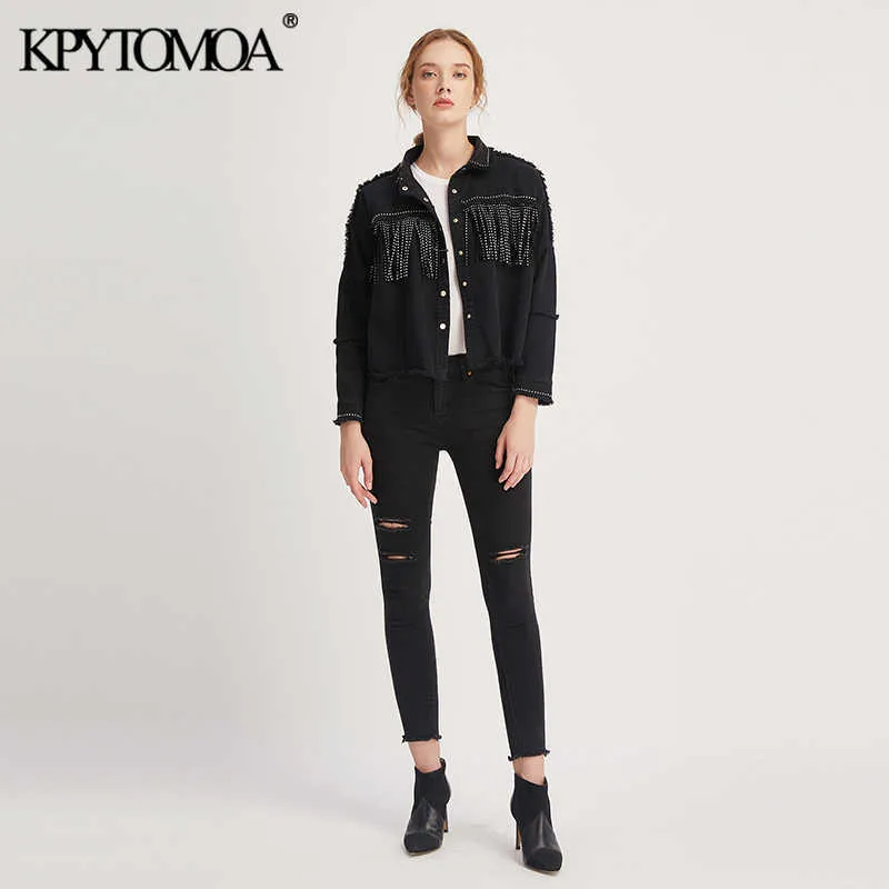 Kpytomoa Kobiety Moda Tassel Zroszony Oversized Denim Kurtka Płaszcz Vintage Z Długim Rękawem Frayed Hem Kobiece Odzieży Odzieży Weszłych Topy 211014