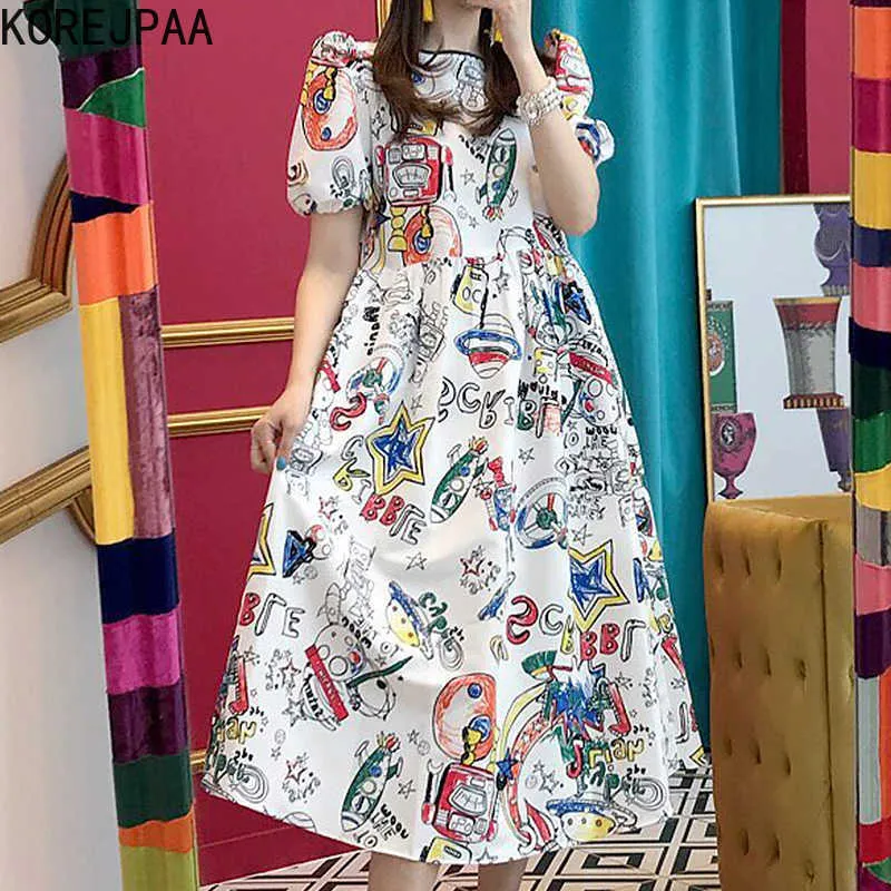 Korejpaa Women Dress Korea Chic Age-reducing Children's Cartoon Letter Graffiti Printing Loose Big Swing Dress Long Vestido 210526