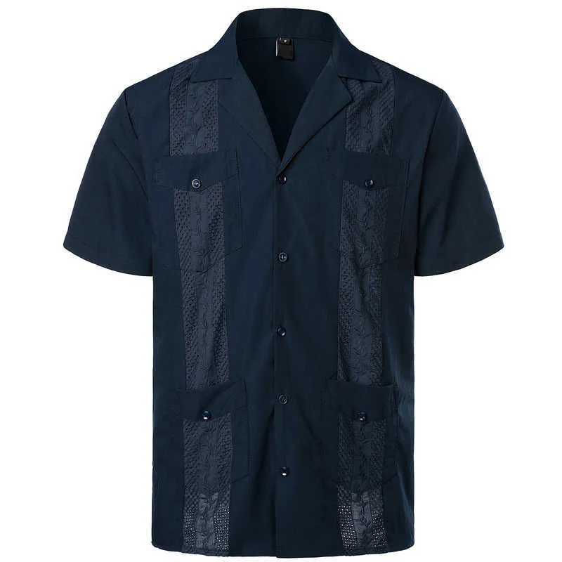 Broderi Floral Patchwork Shirts för män Casual Multi-Pocket s Kortärmad skjorta Kubansk Camp Guayabera Etnisk Kläder 210721