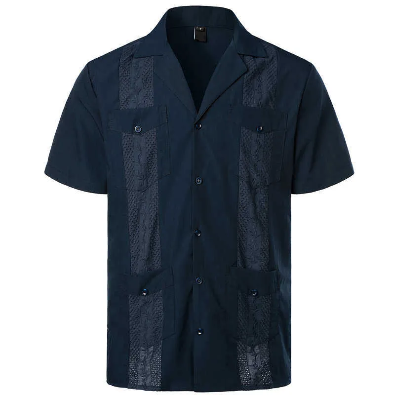 Camicie patchwork floreali con ricamo uomo Camicia casual multitasche a maniche corte Campo cubano Guayabera Abbigliamento etnico 210721