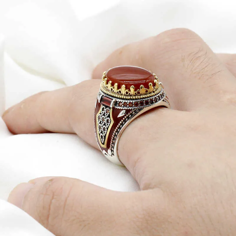 Turkey Jewelry Men Ring with Red Natural Agate Stone 925 Sterling Silver Vintage King Crown CZ Enamel Rings for Women Male Gift 213554495