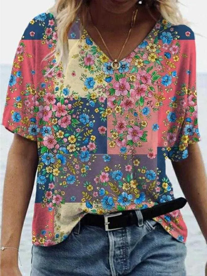 T-Shirt Mode Große Größe Tops Frauen Casual V-Ausschnitt Hemd T-Shirts Damen Lose Blumendruck Tunika 210720
