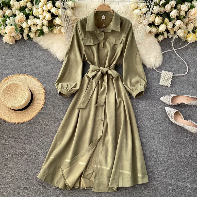 SINGREINY Women Korean Bow Sashes Dress Turn Down Collar Puff Sleeve Vacation A Line Dress Autumn Solid Casual Office Lady Dress 210419