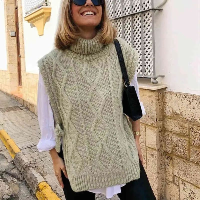 Casual Woman Green Turtleneck Lacing Knitted Vest Spring Fashion Ladies Soft Crochet Tank Female Streetwear Knitwear 210515