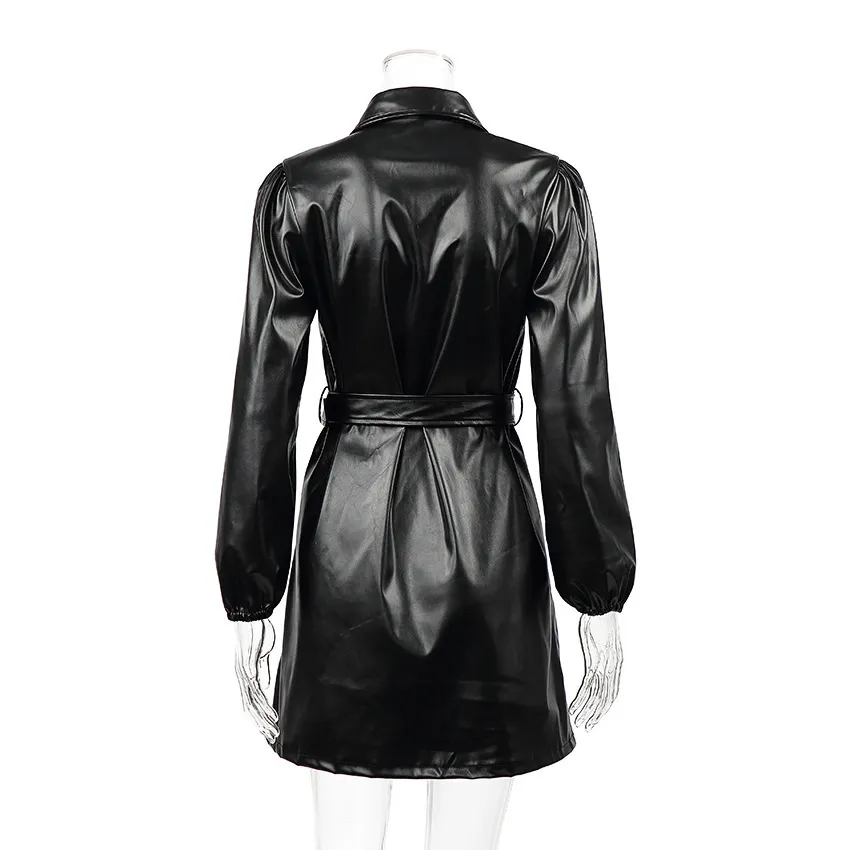 Skórzane koszule Sukienka Casual Panie Przyciski Lapel Czarny PU Sukienki z pasem Zima Jesień Z Długim Rękawem Kobiety Slim Fit Dress 210521