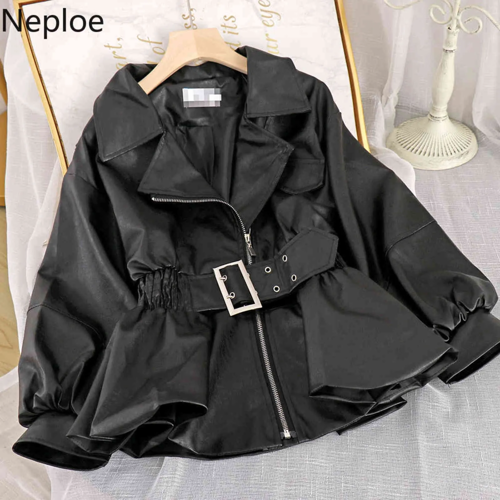 Neploe mode Faux cuir PU manteau Style coréen col rabattu Slim Outwear plein automne femmes veste en cuir avec ceinture 211109