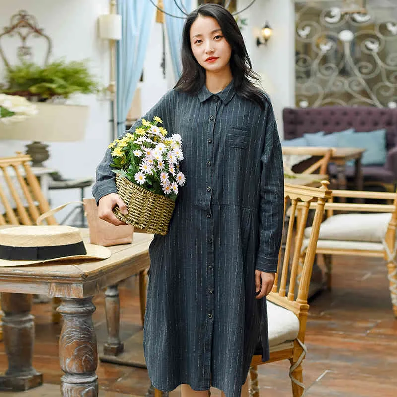 Johnature Woman Striped старинные рубашки платья хлопчатобумажная кнопка пружина вскользь женский корейский стиль мягкий a-line платья 210521