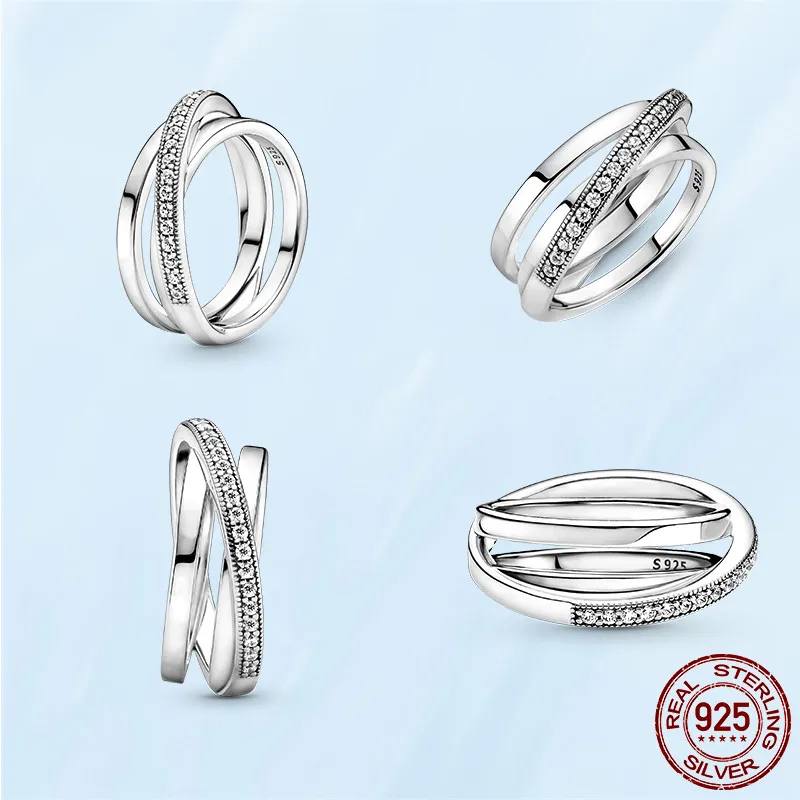 Летовая новая 925 серебряный серебряный кроссовер Pave Triple Band Ring для женщин свадебная вечеринка.