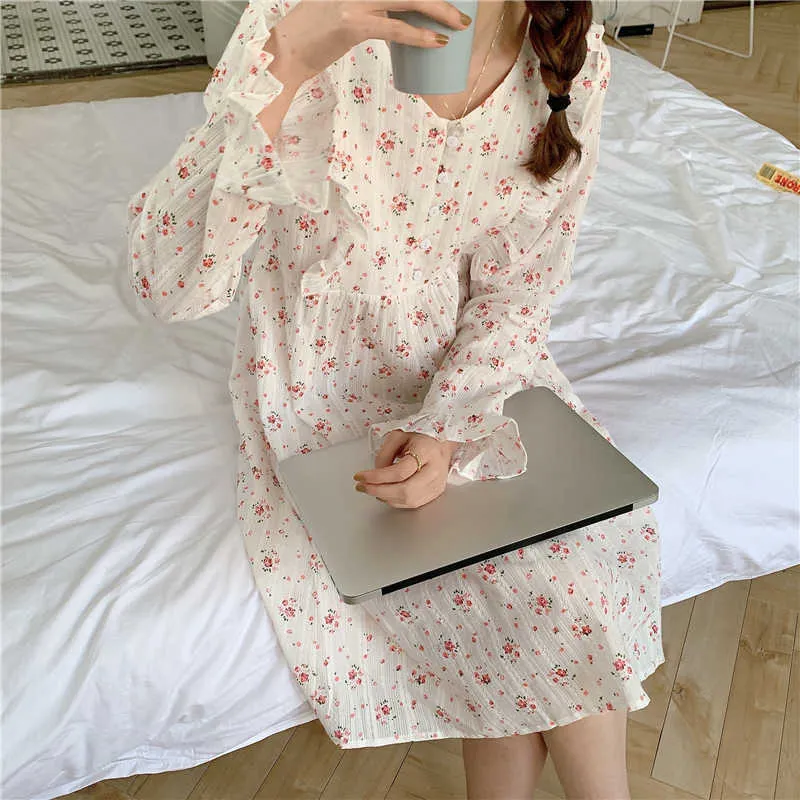 V-Neck Sieć Smokingowa Suknia Sprężyna Foloral Słodcy Kobiety Chic Wygodna Koreańska Bawełniana Moda Piżama Nightdress 210525
