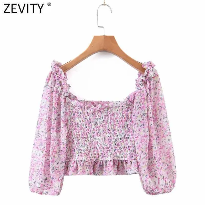 Zevity Donna Camicetta corta in chiffon con stampa floreale rosa dolce Donna Chic con spalle scoperte Piega elastica Ruffles Camicia Top a tubo LS9179 210603