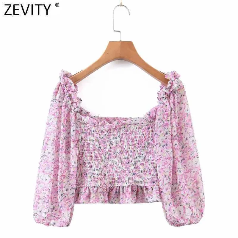 Zevity Women Sweet Pink Floral Print Chiffon Short Blouse Kvinna Chic Off Shoulder Elastic Pleat Ruffles Shirt Tube Tops LS9179 210603