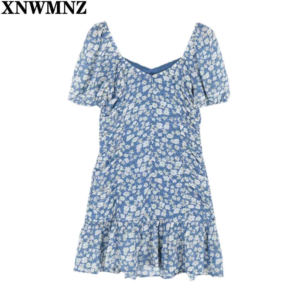 Damska sukienka Szyfonowe Ruffles Kobiety Sukienka Odzież Estetyczny Vintage Soft Blue Floral Print Moda Ruched Vestidos 210520
