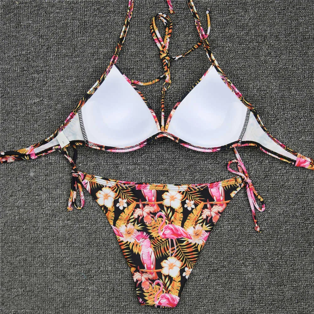 여성 Flamingo Bikinis 두 조각 수영복 수영복 섹시한 여름 해변 수영복 삼각형 플러스 크기 비키니 세트 210629