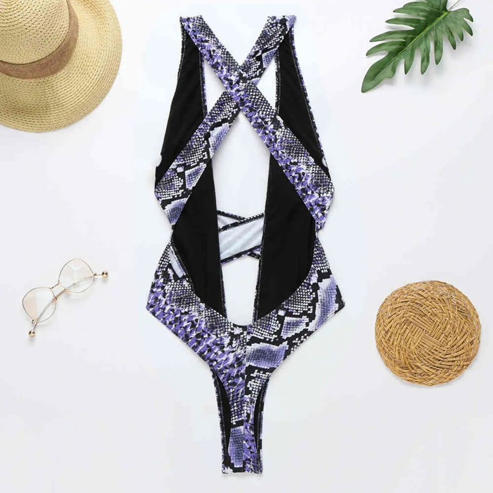 Snakeskin Print Badeanzug Frauen Sexy Bademode Weibliche Kreuz Backless Monokini Badeanzüge Sommer Strand Tragen Schwimmen 210521