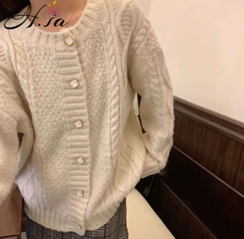 H.SA for Women Fashion Korean Knit Cardigans Long Sleeve Button Up Beige Twisted Sweater Cardigan sueter mujer 210417