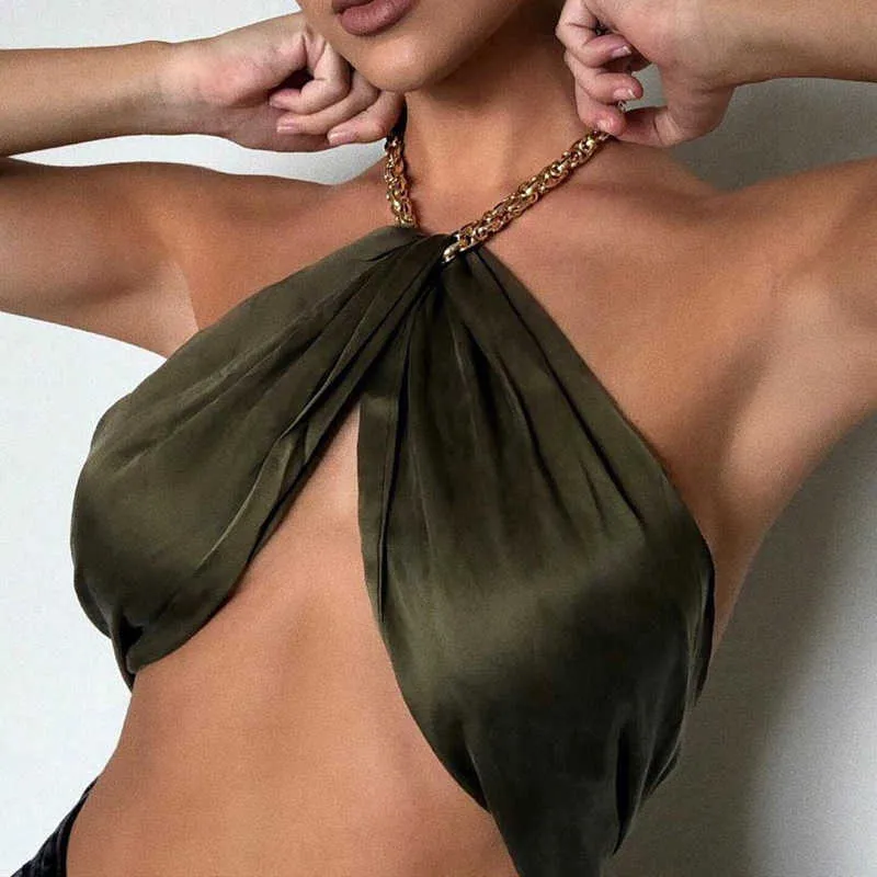 Women Necklace Halter Crop Top Summer Dark Green Backless Tank Top Female Chain Camisole Streetwear Sexy Off Should Bra Top 210709