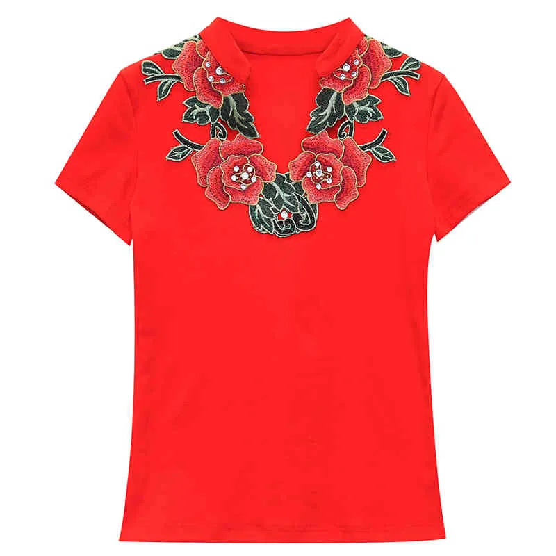 Dames Katoenen T-shirts Korte Mouw V-hals Tee Tops Zomer Chinese Floral Embroxery Design voor Show T03610b 210421