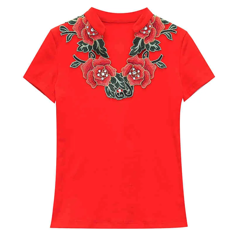 Frauen Baumwolle T-Shirts Kurzarm V-Ausschnitt T-Shirts Sommer Chinesisches Blumenmuster Embriodery Design für Show T03610B 210421