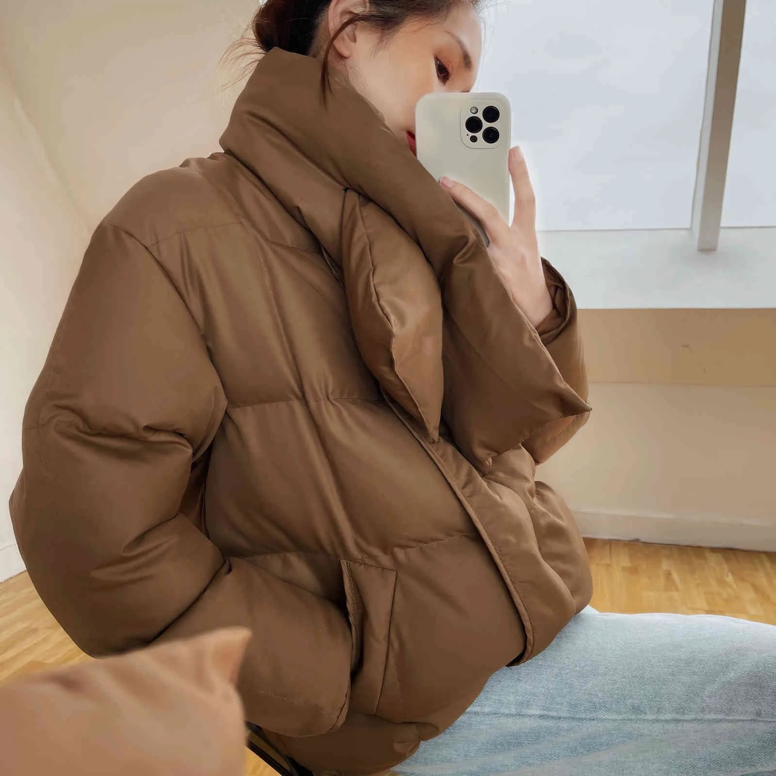 Koreańska Solidna krótka moda Znosić Stylowe All-Match Winter Loose Casual Kobiety Bawełniane Grube Ciepłe Kurtki Podstawowe 210421